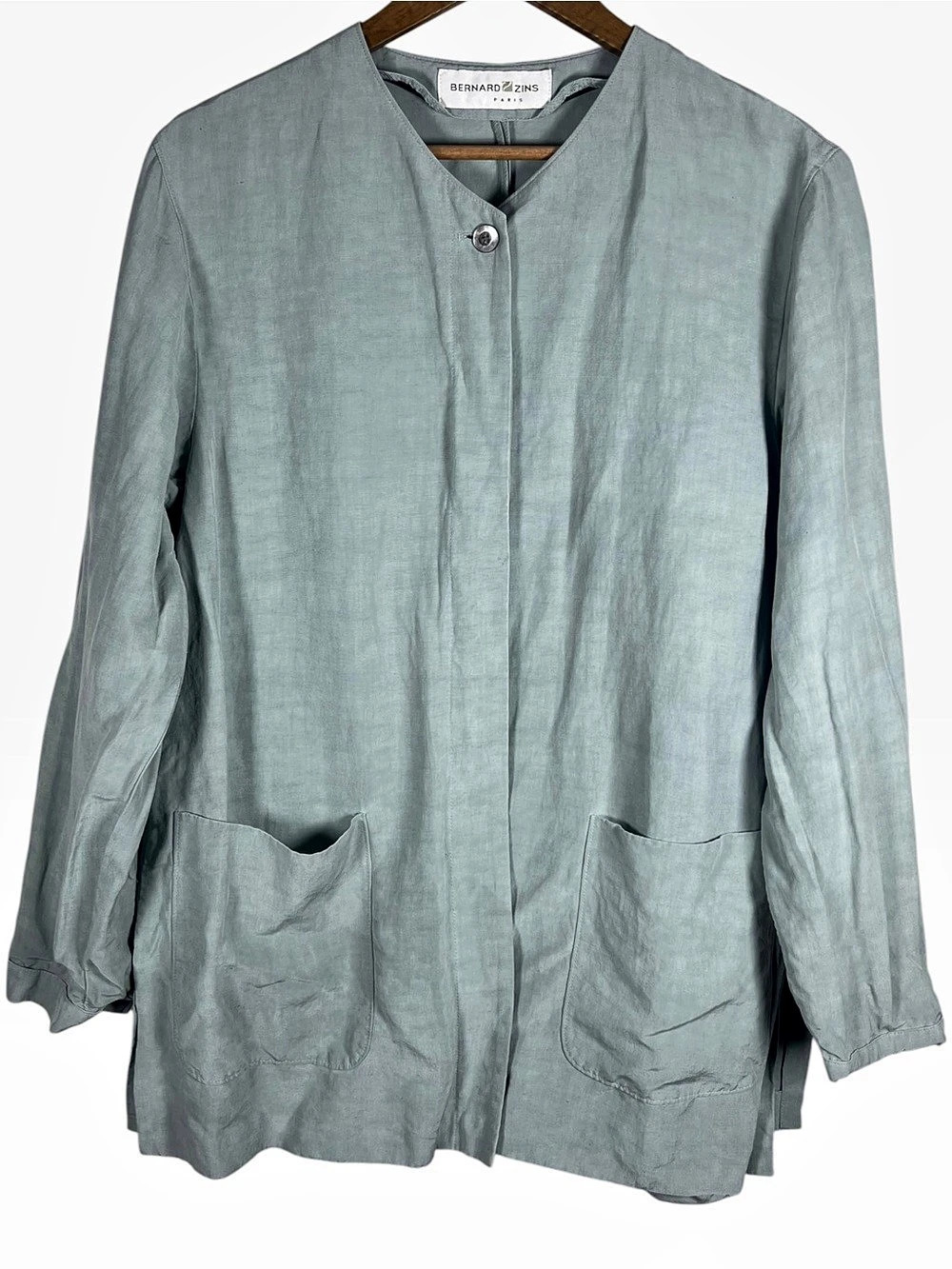 Vintage Bernard Zins Paris Sage Green Linen Chore Jacket Size 10 Lagenlook
